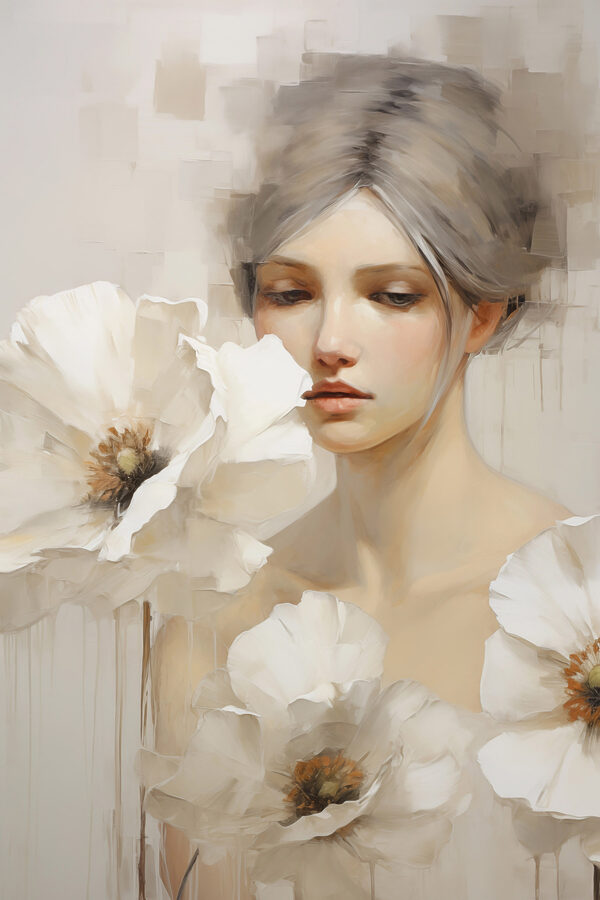 Painting of a woman with white flowers
