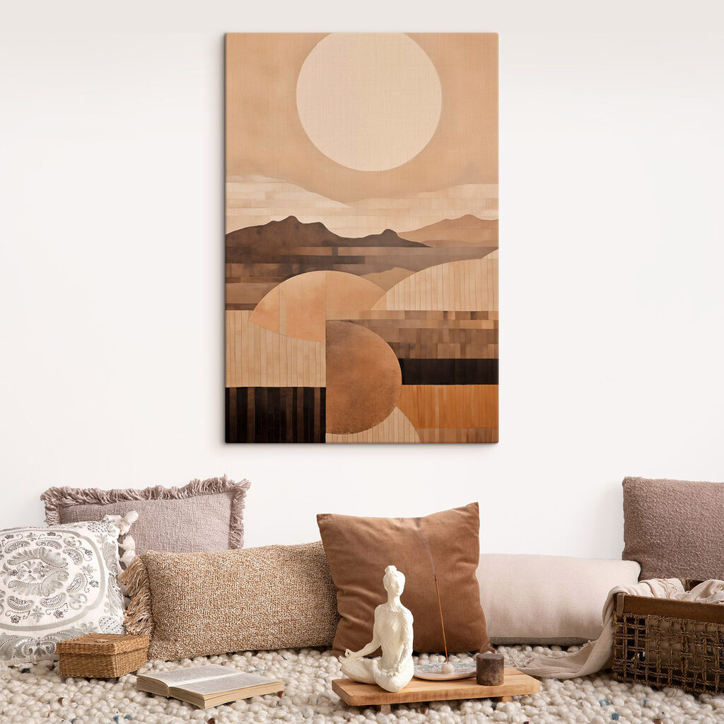 Painting of mountains and sun