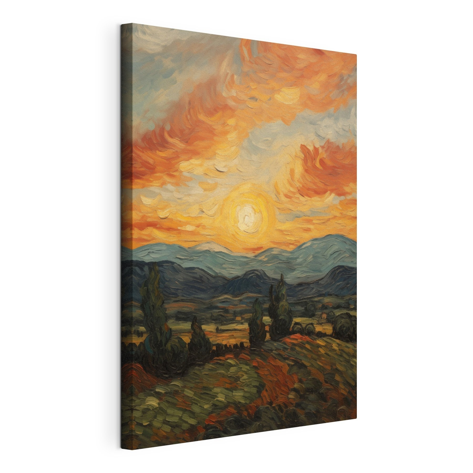 Painting of a landscape with trees and mountains