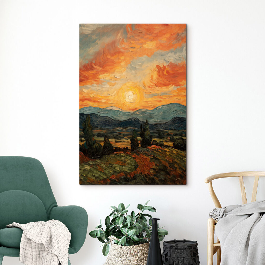 Painting of a landscape with trees and mountains