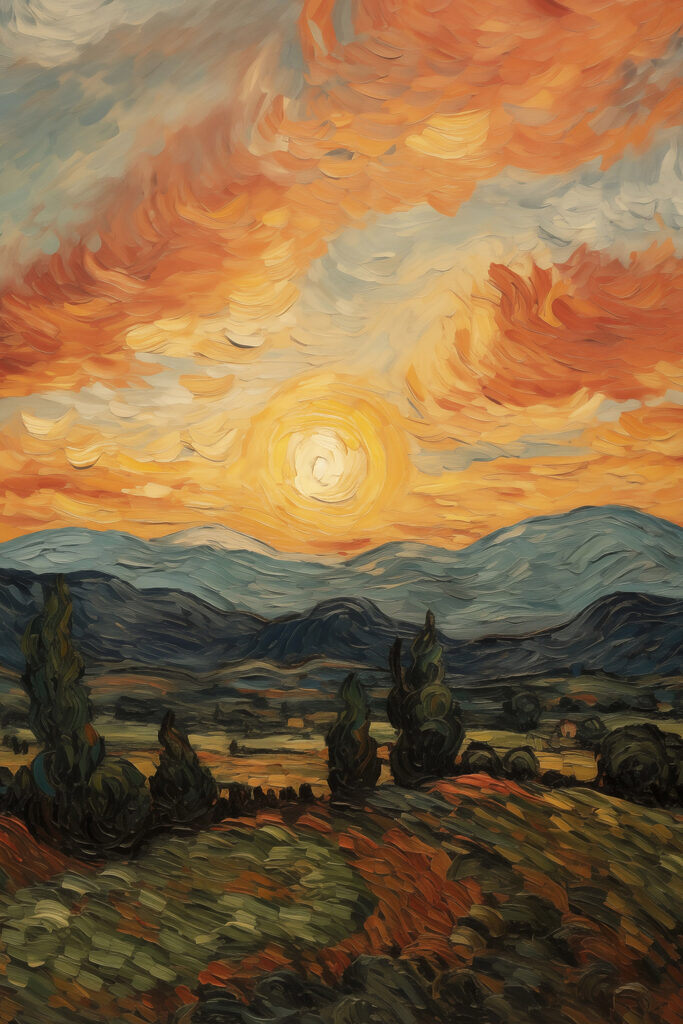 Painting of a landscape with trees and mountains