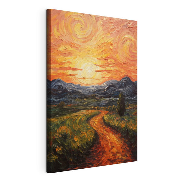 Quadri Quadri Dipinto raffigurante una strada che attraversa un campo, con montagne e sole (COD: s49478)