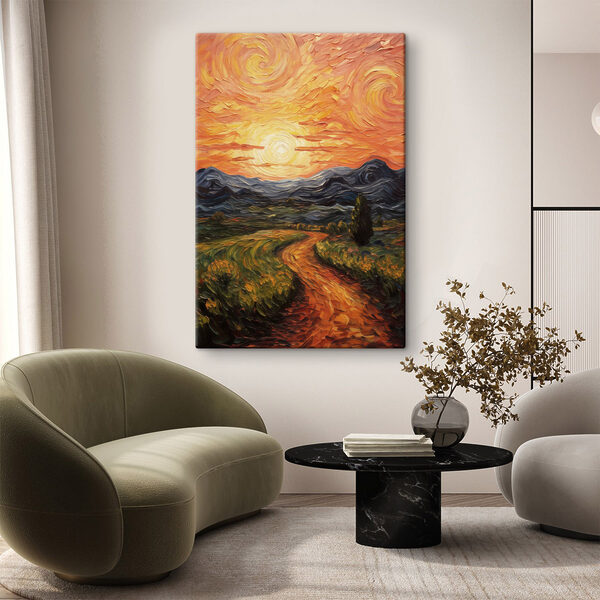 Painting of a road through a field with mountains and sun