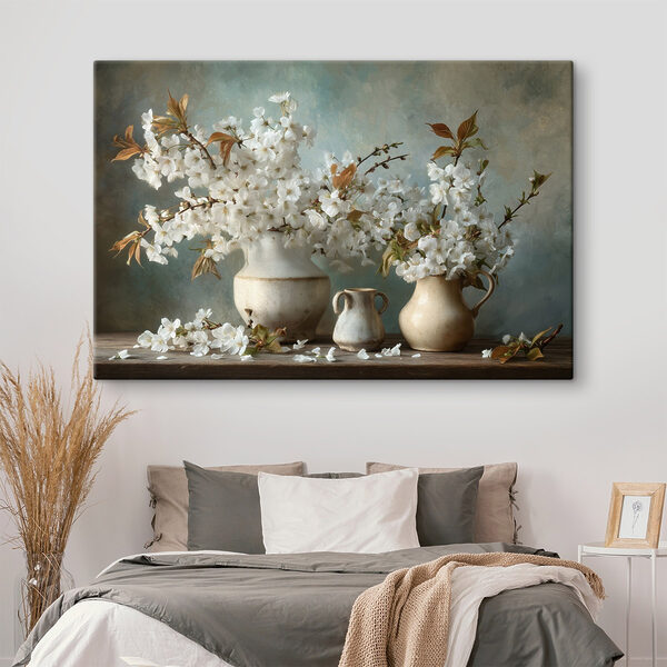 Group of white flowers in vases