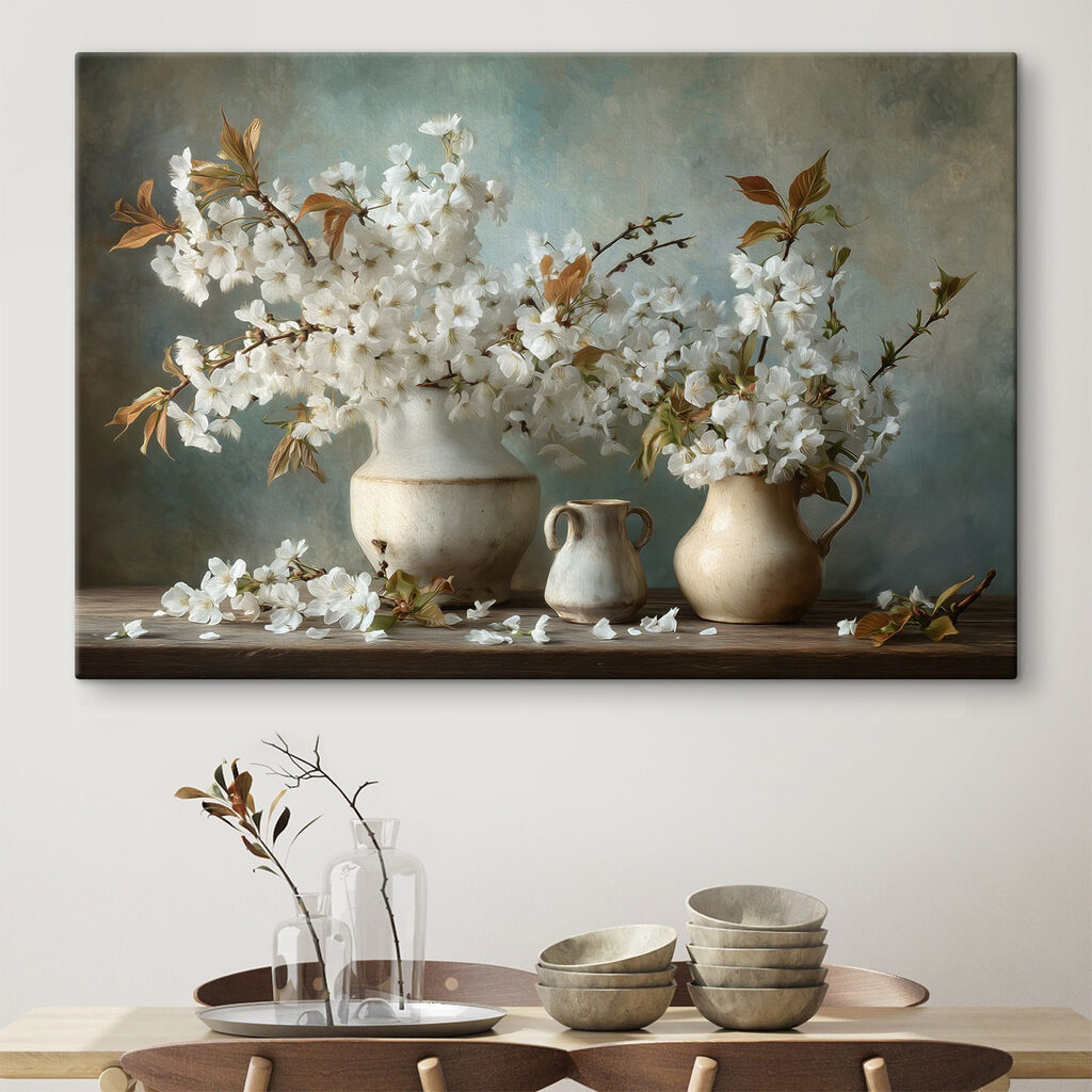 Group of white flowers in vases
