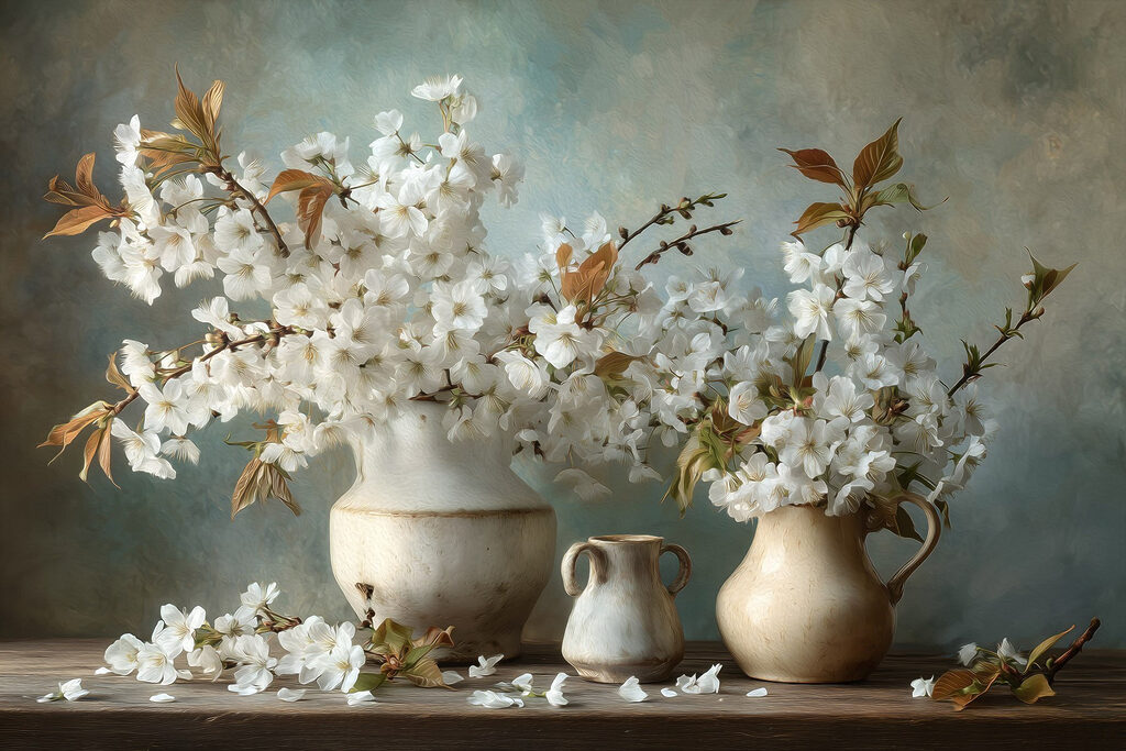 Group of white flowers in vases