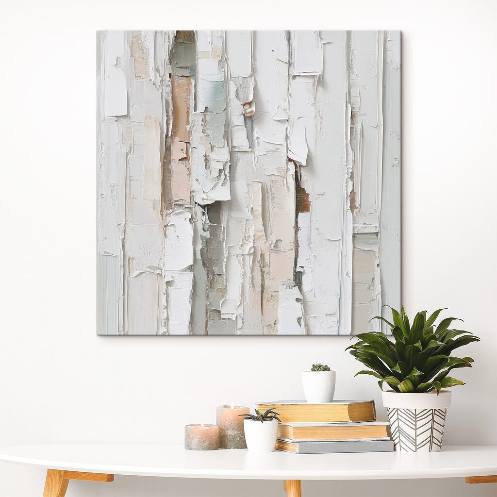 White painted wood with torn pieces of paper