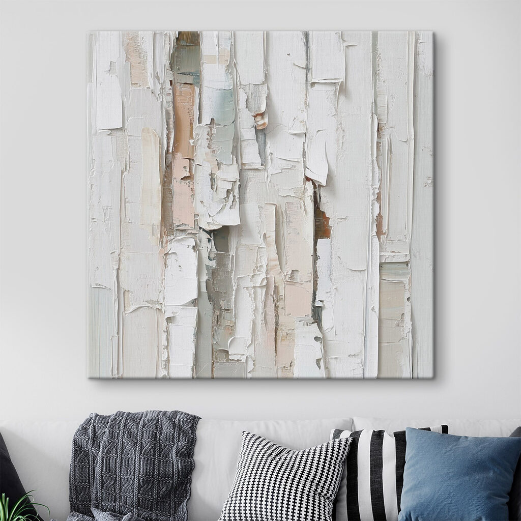 White painted wood with torn pieces of paper