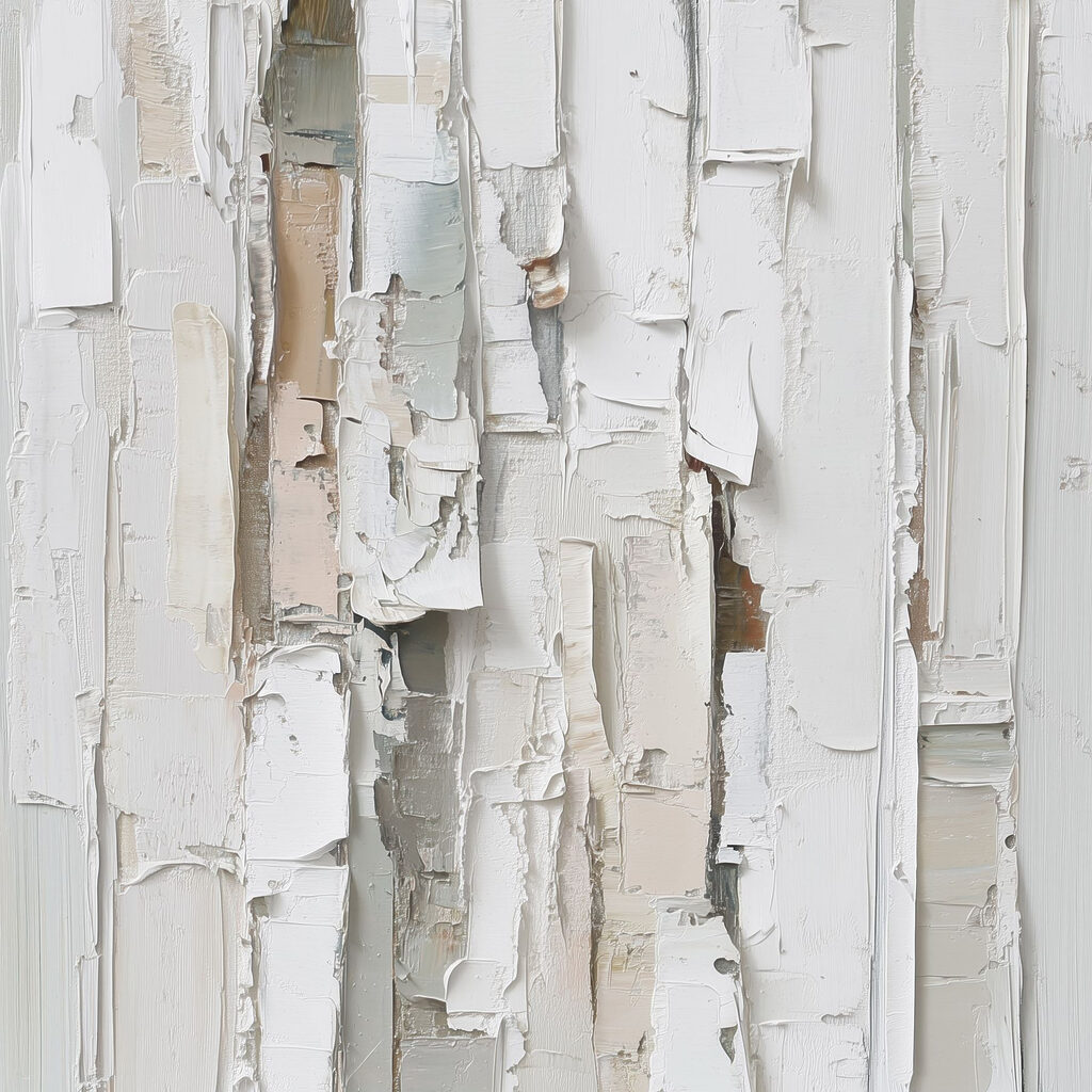 White painted wood with torn pieces of paper