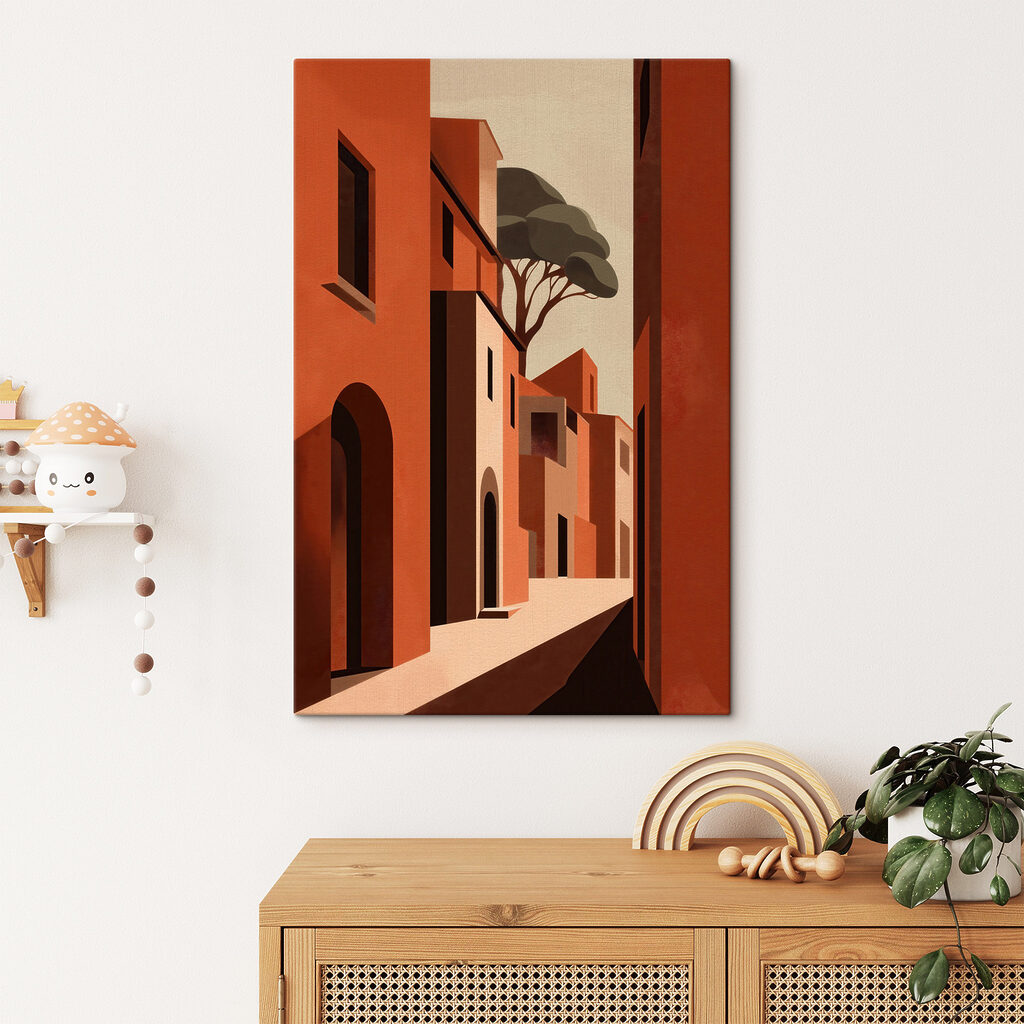 Painting of a street with buildings and trees