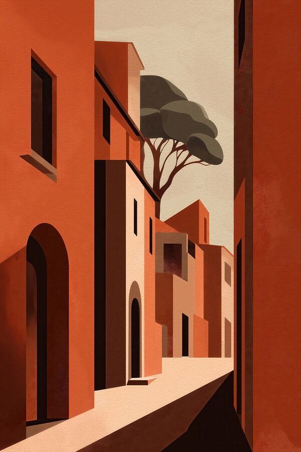 Painting of a street with buildings and trees