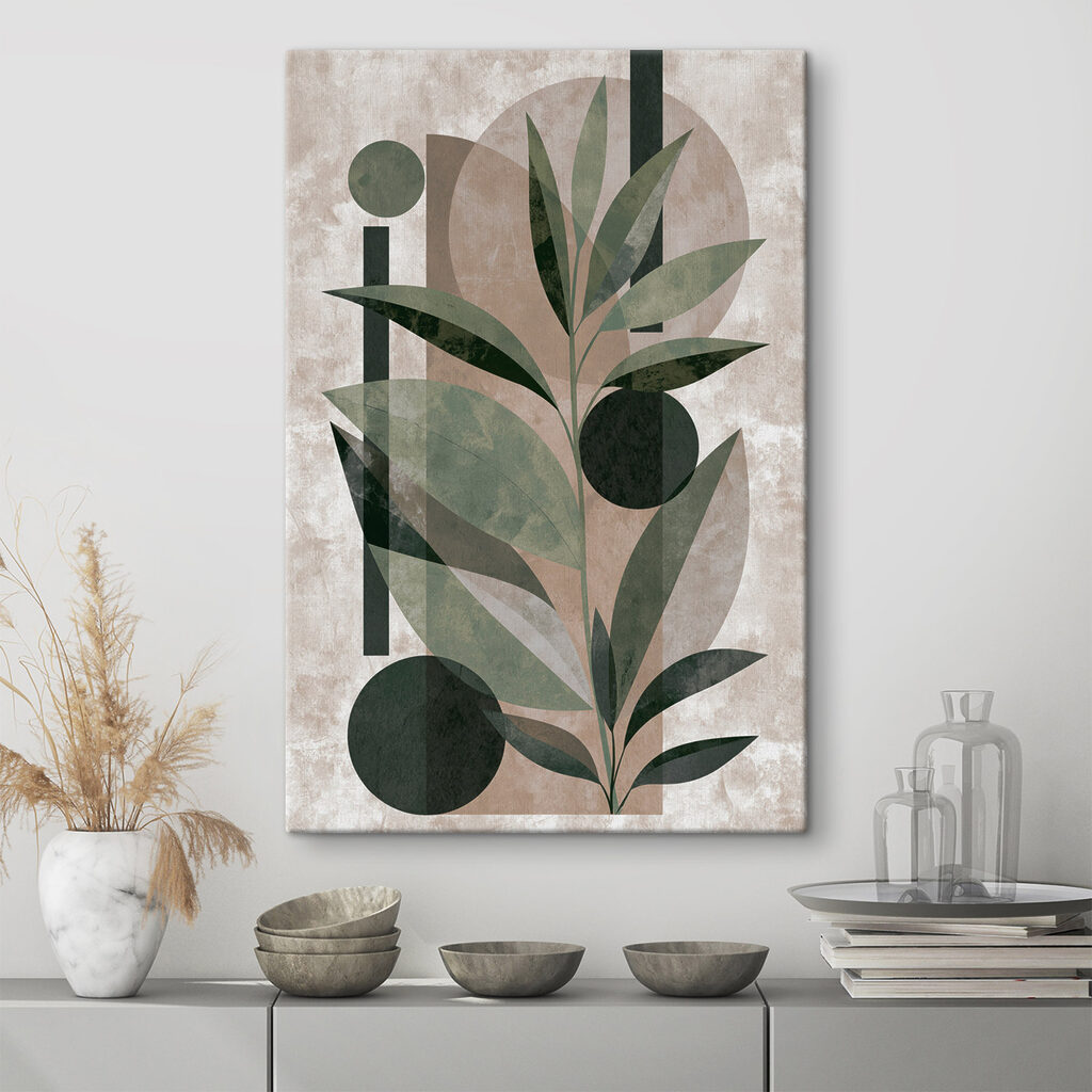 Painting of a plant with leaves and geometric shapes Painting of a plant with leaves and geometric shapes