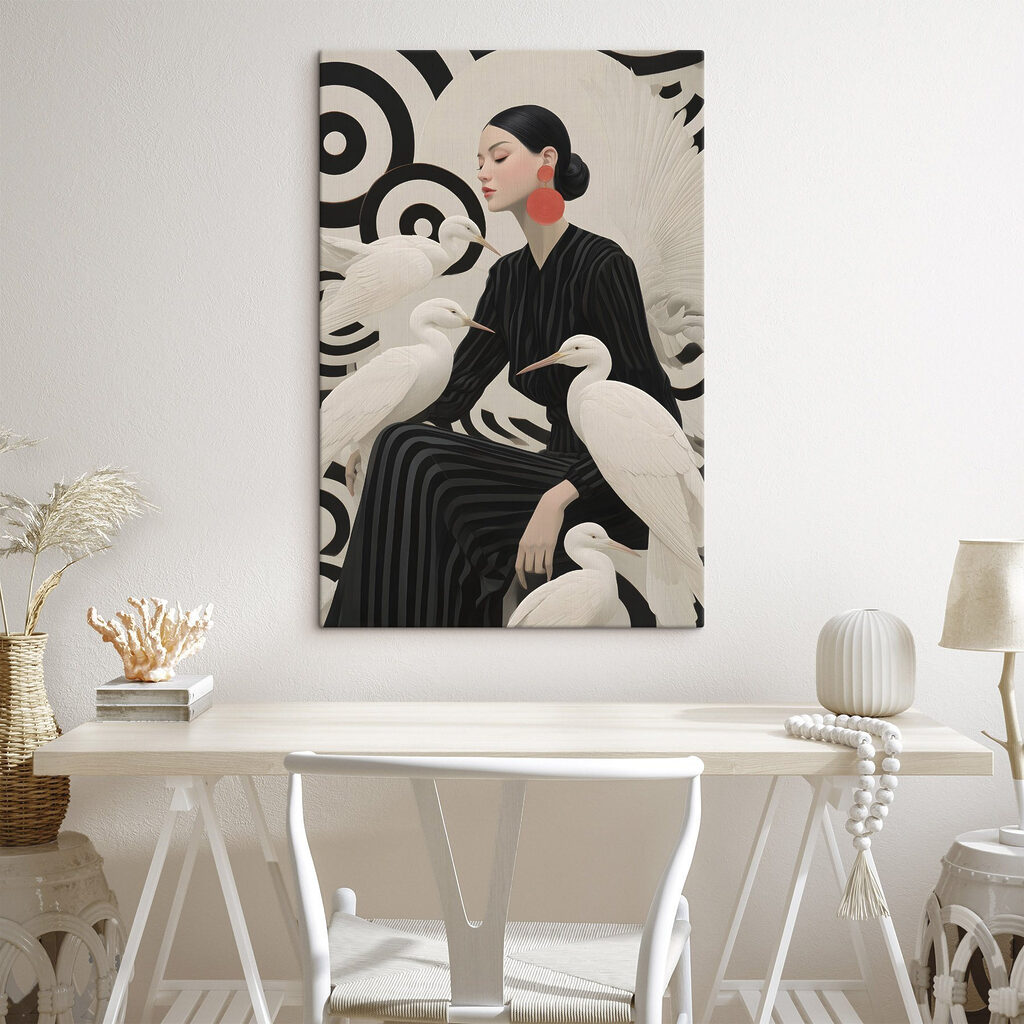 Woman sitting with white birds