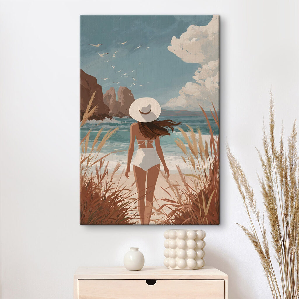 Woman in a swimsuit and hat walking on a beach Woman in a swimsuit and hat walking on a beach