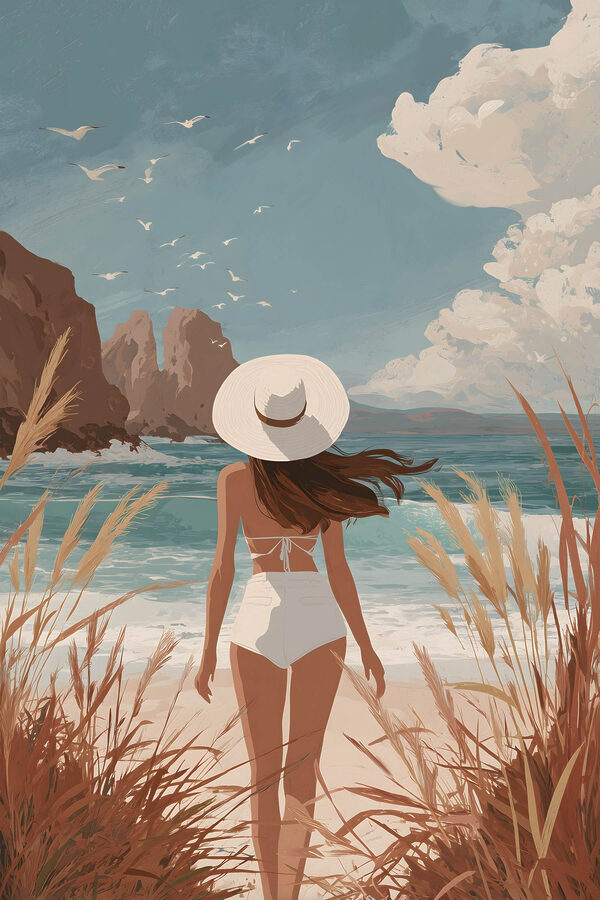 Woman in a swimsuit and hat walking on a beach Woman in a swimsuit and hat walking on a beach
