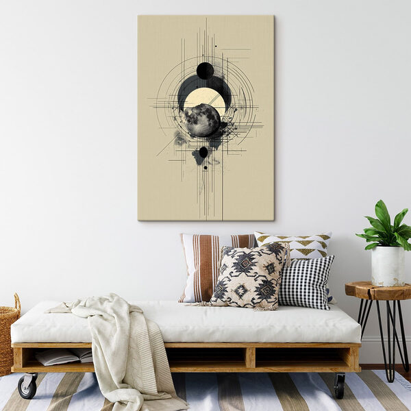Black and white drawing of a moon and circles Black and white drawing of a moon and circles