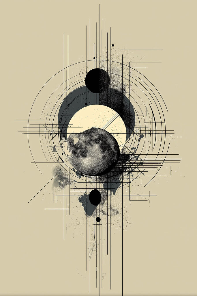 Black and white drawing of a moon and circles Black and white drawing of a moon and circles