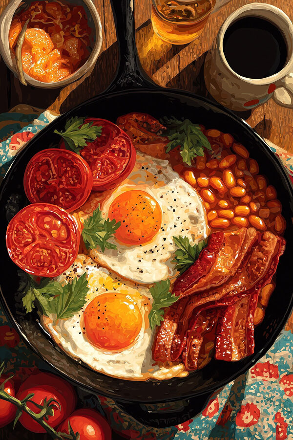 Pan of food with eggs bacon beans and tomatoes