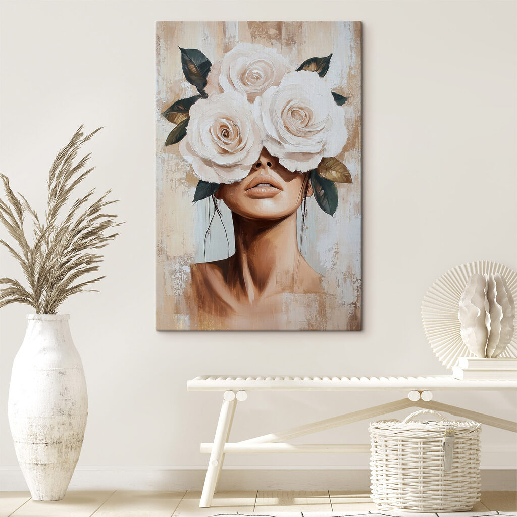 Painting of a woman with flowers on her face Painting of a woman with flowers on her face