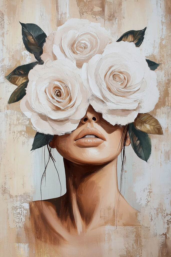 Painting of a woman with flowers on her face Painting of a woman with flowers on her face