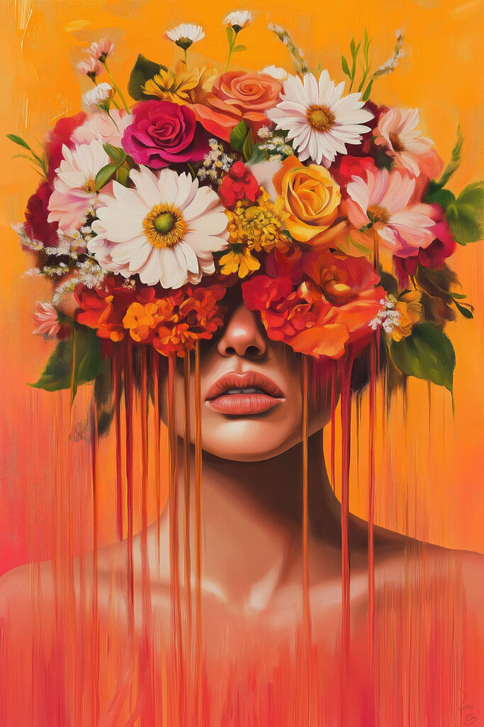 Painting of a woman with flowers on her head Painting of a woman with flowers on her head