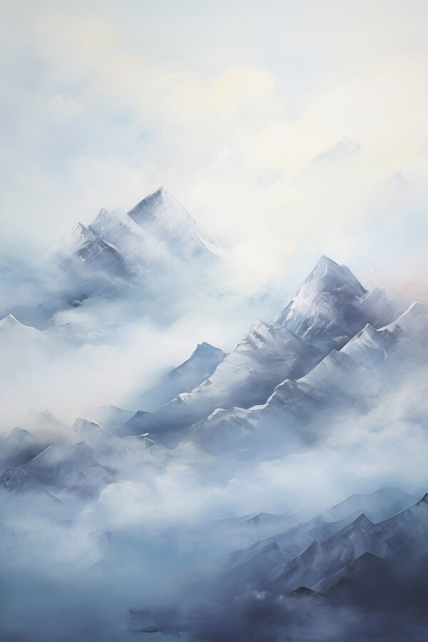 Painting of mountains in the clouds