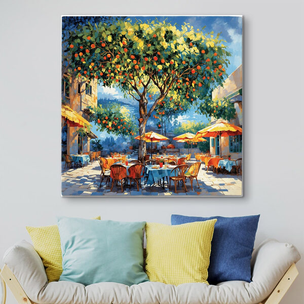 Quadri Dipinto raffigurante un albero di arance con tavoli e sedie sotto l'albero (COD: s48811) Quadri Quadri Dipinto raffigurante un albero di arance con tavoli e sedie sotto l'albero (COD: s48811)