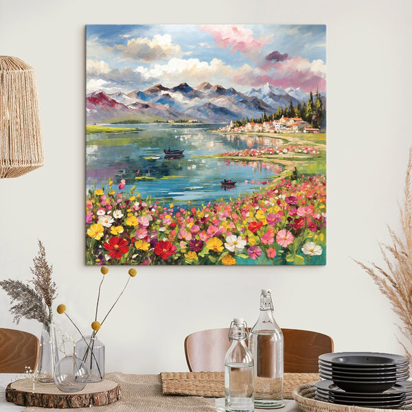 Quadri Dipinto raffigurante un lago con fiori e montagne sullo sfondo (COD: s48806) Quadri Quadri Dipinto raffigurante un lago con fiori e montagne sullo sfondo (COD: s48806)
