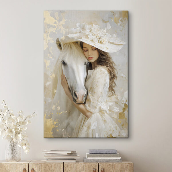 Donna in abito bianco e cappello che abbraccia un cavallo Quadri Donna in abito bianco e cappello che abbraccia un cavallo