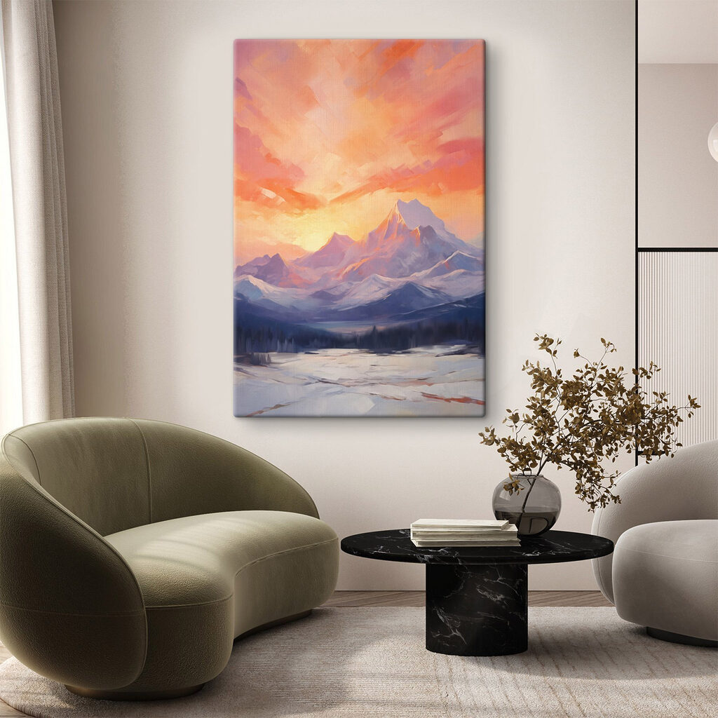Painting of a mountain range with a lake and trees Painting of a mountain range with a lake and trees