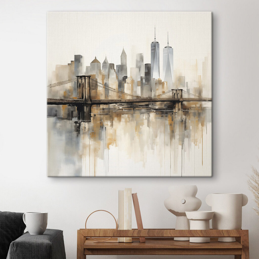 Bridge over water with city skyline in the background