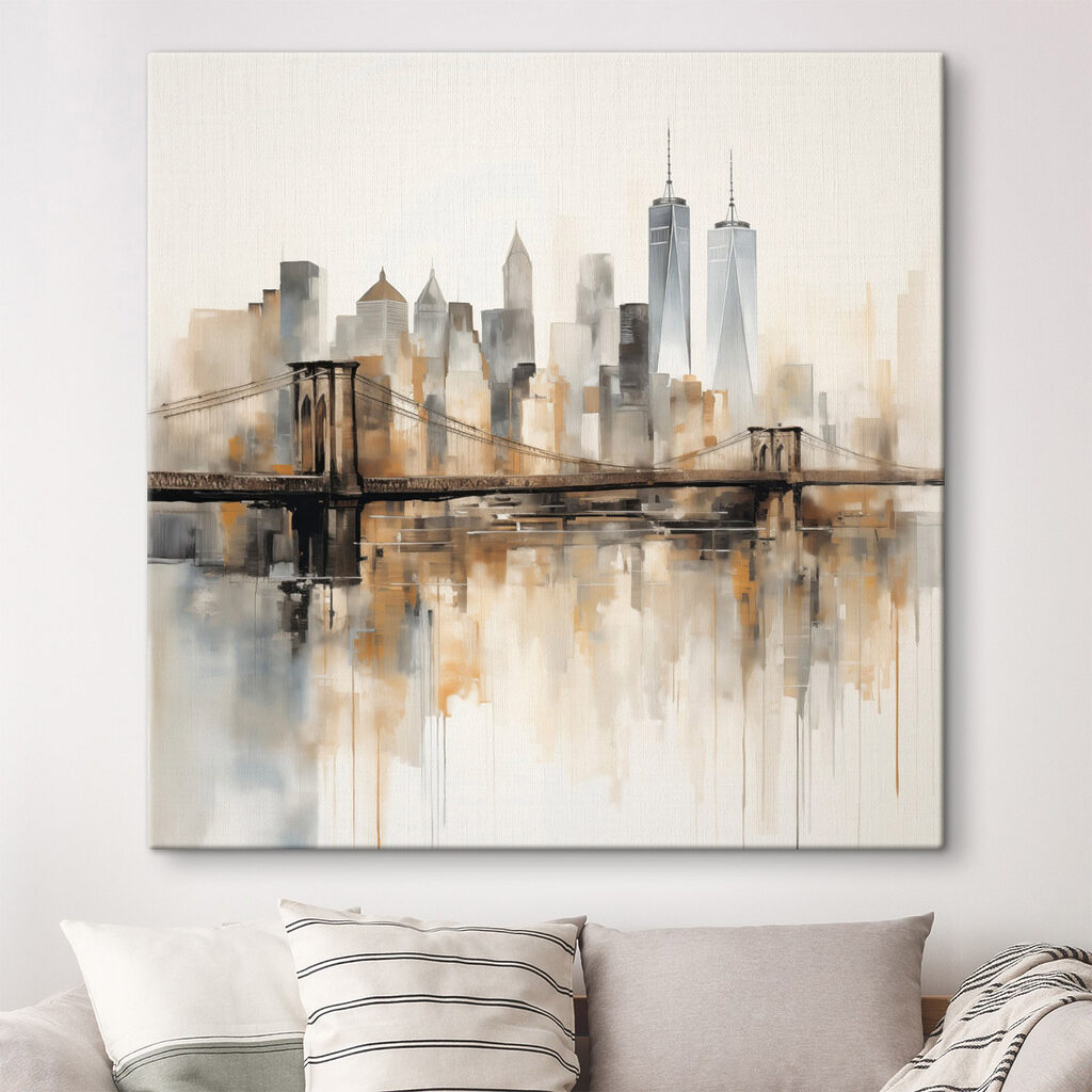 Bridge over water with city skyline in the background