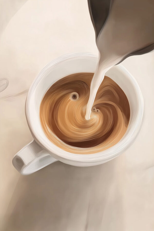 Cup of coffee with milk pouring into it