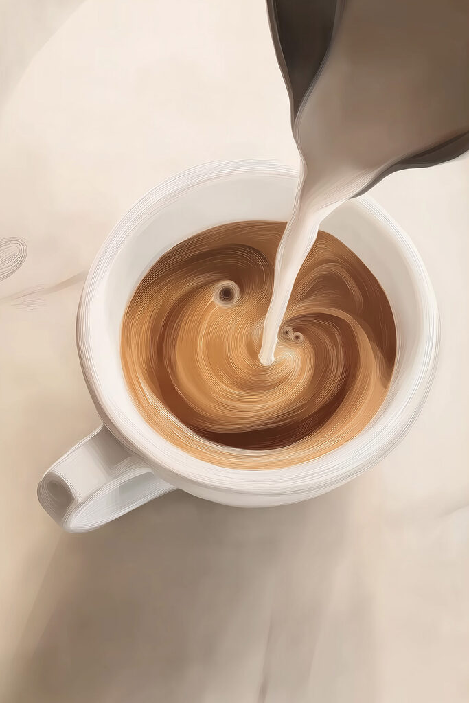 Cup of coffee with milk pouring into it