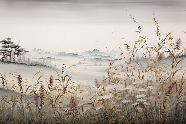Painting of a landscape with grass and flowers