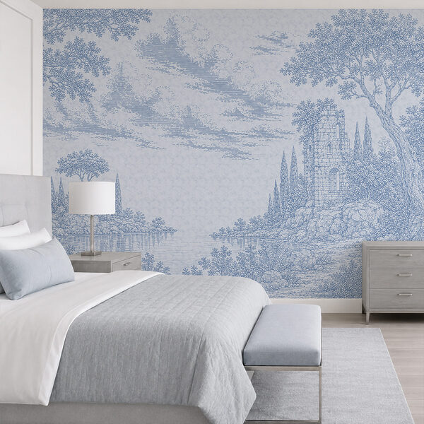 Disegno in blu e bianco raffigurante un lago e degli alberi