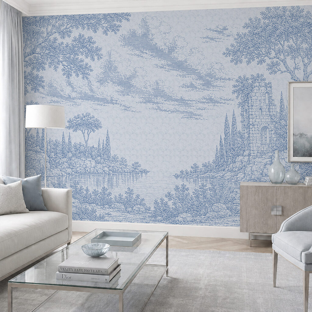 Disegno in blu e bianco raffigurante un lago e degli alberi