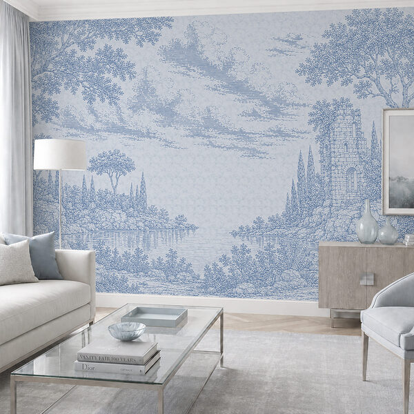 Disegno in blu e bianco raffigurante un lago e degli alberi