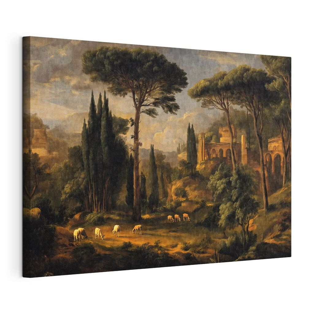 Painting of a landscape with trees and a building Painting of a landscape with trees and a building