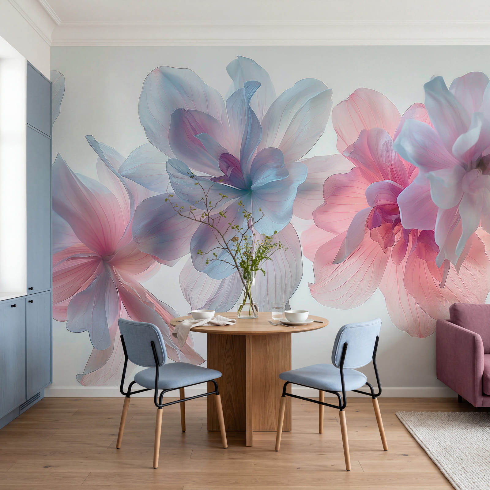 Composizione floreale con petali rosa e blu Composizione floreale con petali rosa e blu