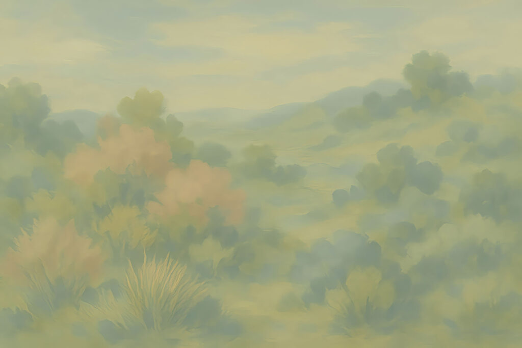 Foggy landscape with trees and bushes Foggy landscape with trees and bushes