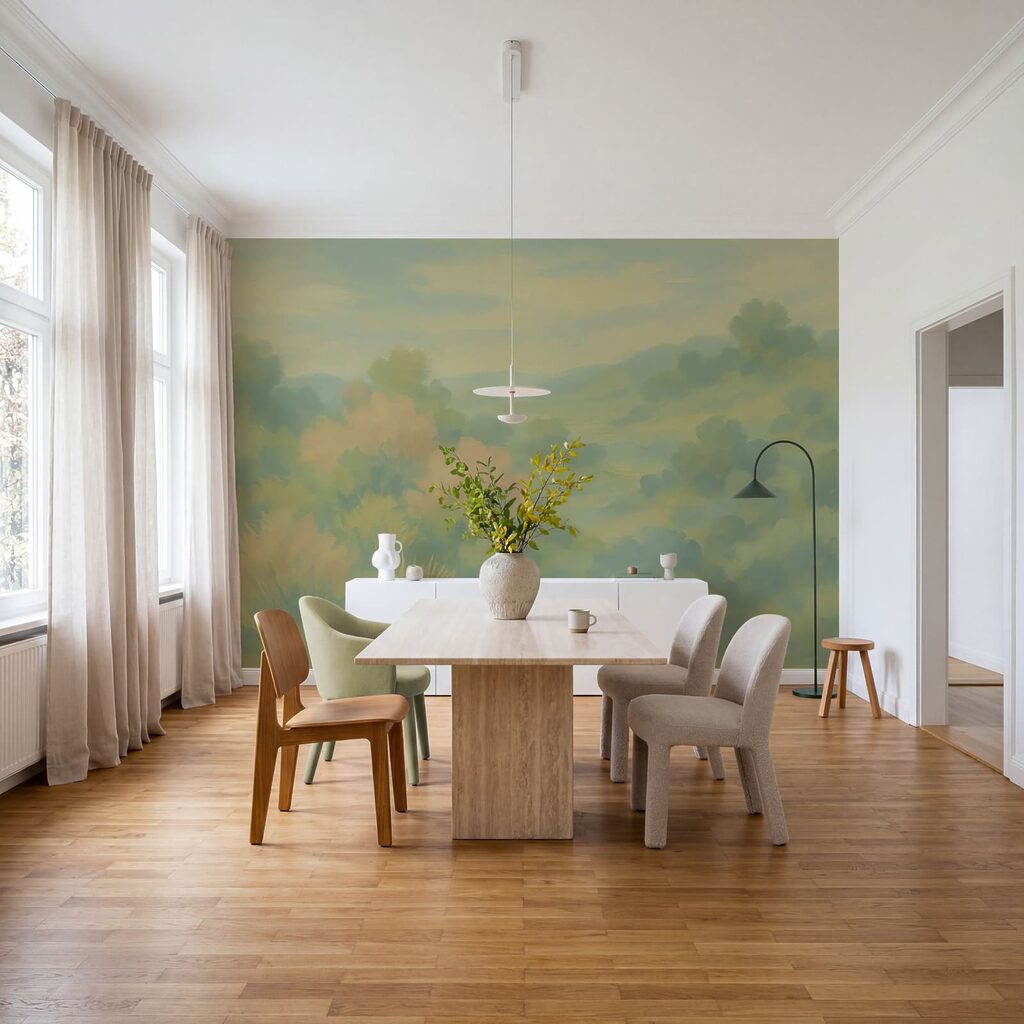 Paesaggio nebbioso con alberi e cespugli Paesaggio nebbioso con alberi e cespugli