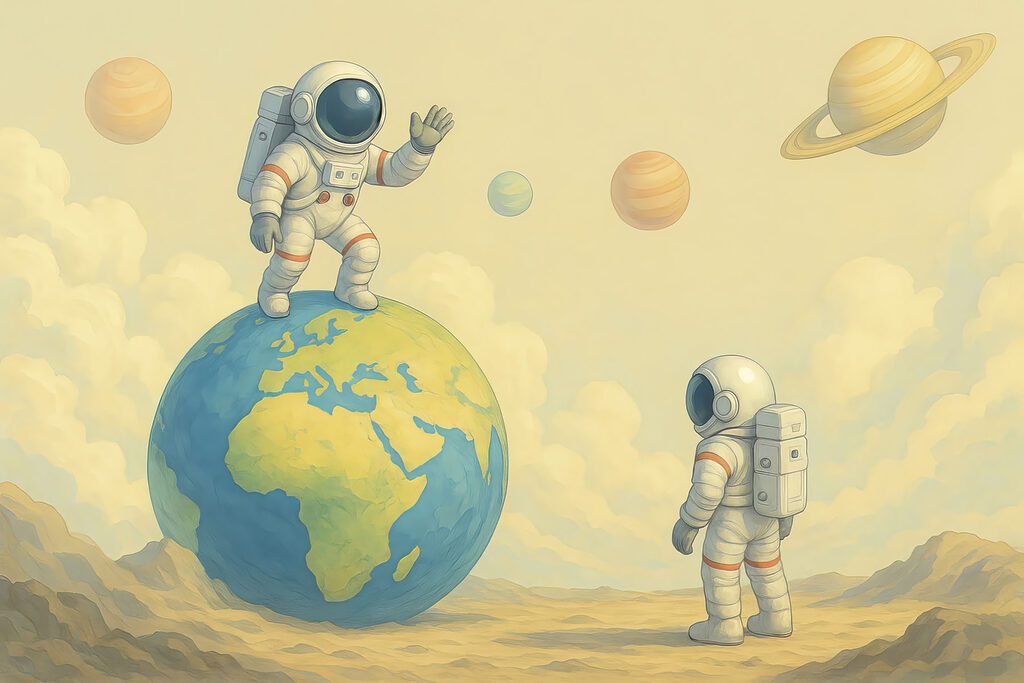 Two astronauts standing on a planet Two astronauts standing on a planet
