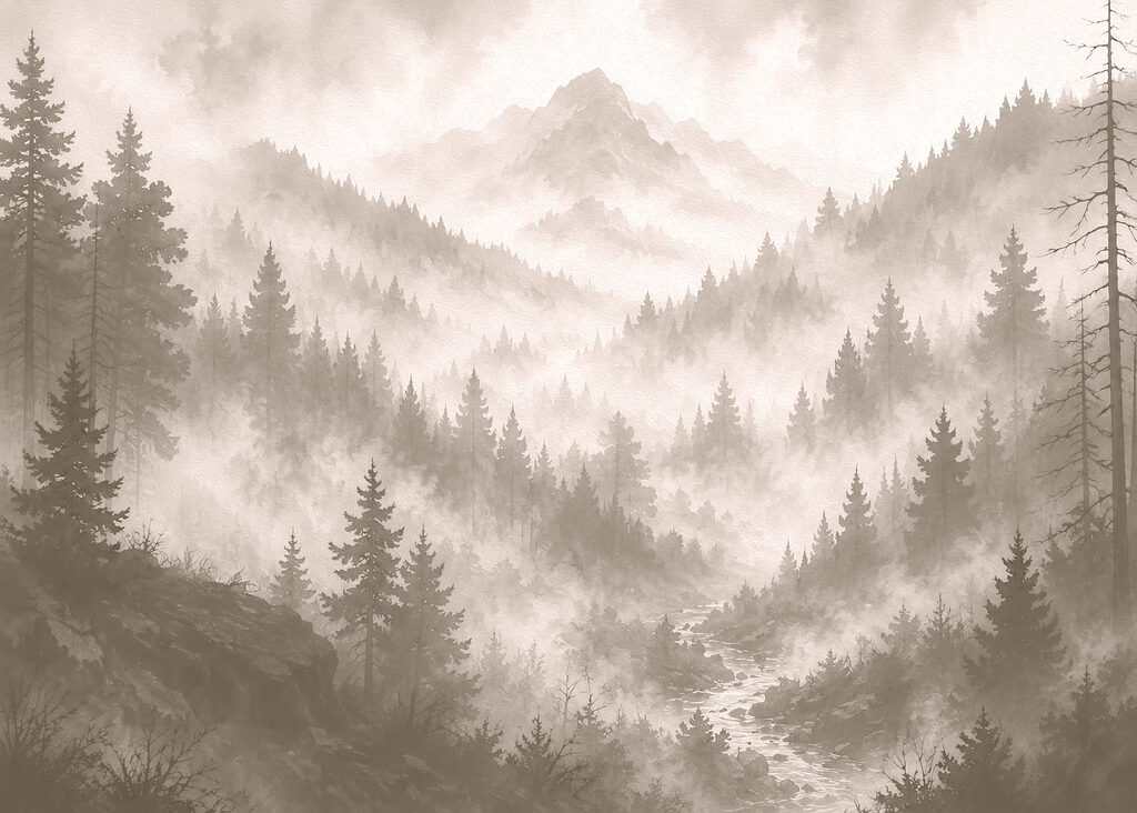 Foggy mountain landscape with trees and a river Foggy mountain landscape with trees and a river