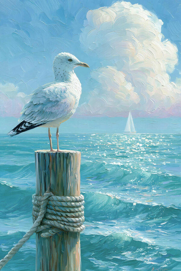 Bird standing on a post in front of a sailboat