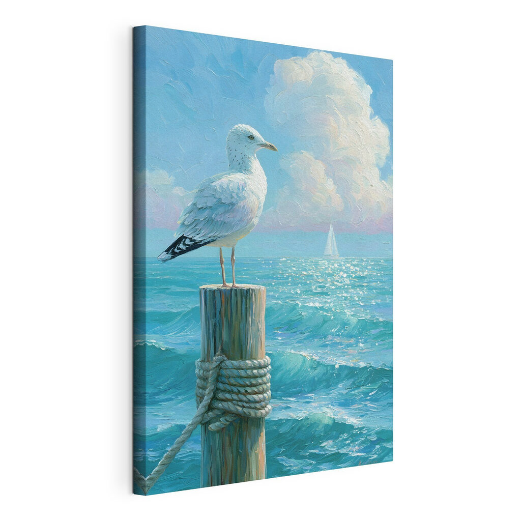 Bird standing on a post in front of a sailboat