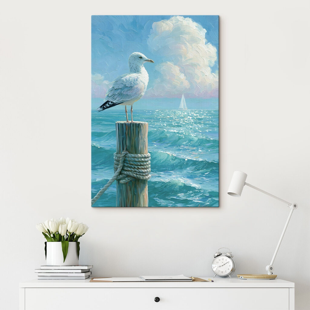 Bird standing on a post in front of a sailboat