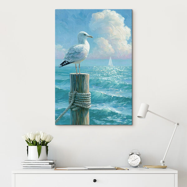 Bird standing on a post in front of a sailboat