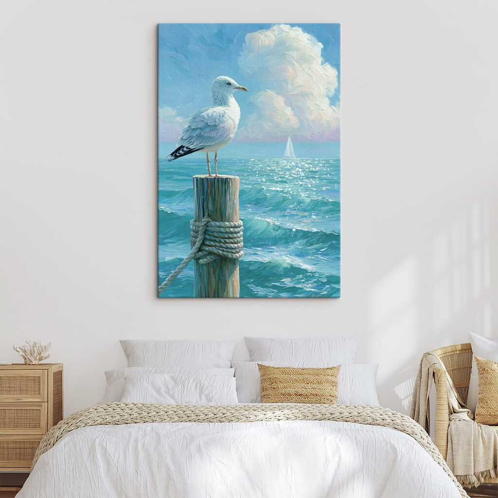 Bird standing on a post in front of a sailboat