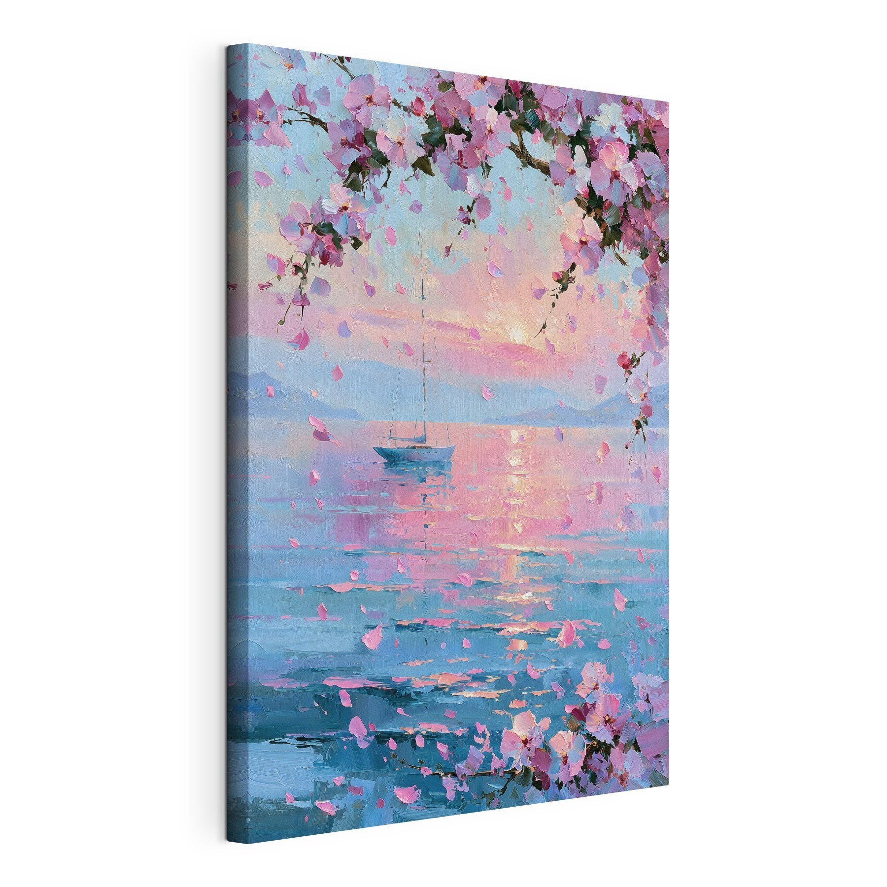 Painting of a sailboat on a calm body of water with pink flowers